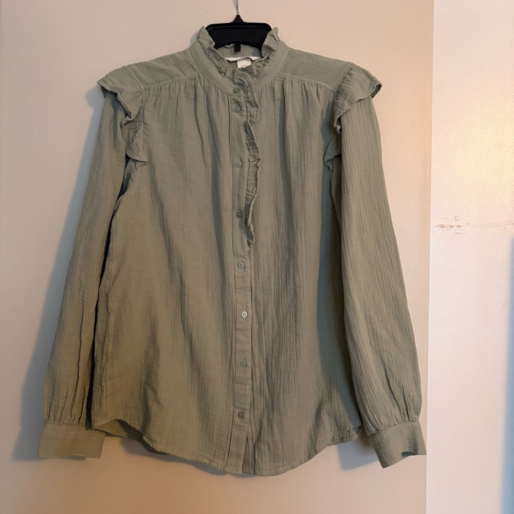 Ruffled Button-Front Blouse in Sage Green size M